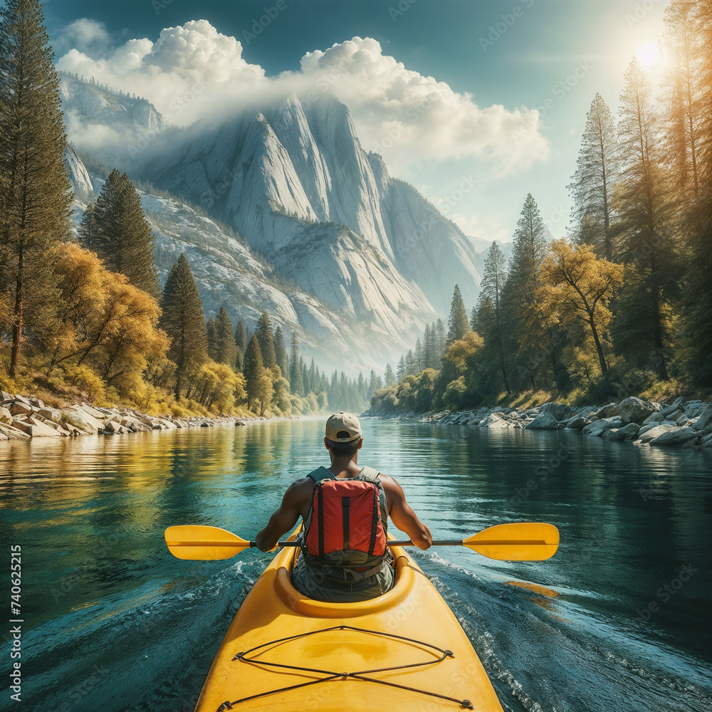 Adventurous kayaker paddling through a serene river with majestic mountain views and lush forests.