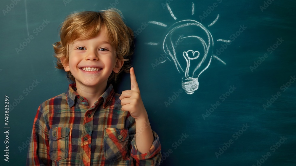 Closeup of a cute little boy with smiling and thoughtful face expression. Pupil male student standing in front of the green blackboard with lightbulb drawing. Thinking of an idea,solution to a problem