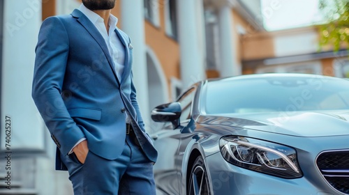 Closeup of a businessman wearing an elegant blue suit with white shirt and sunglasses, standing next to his luxurious and expensive car. Looking at the camera. Private professional chauffeur driver © Nemanja