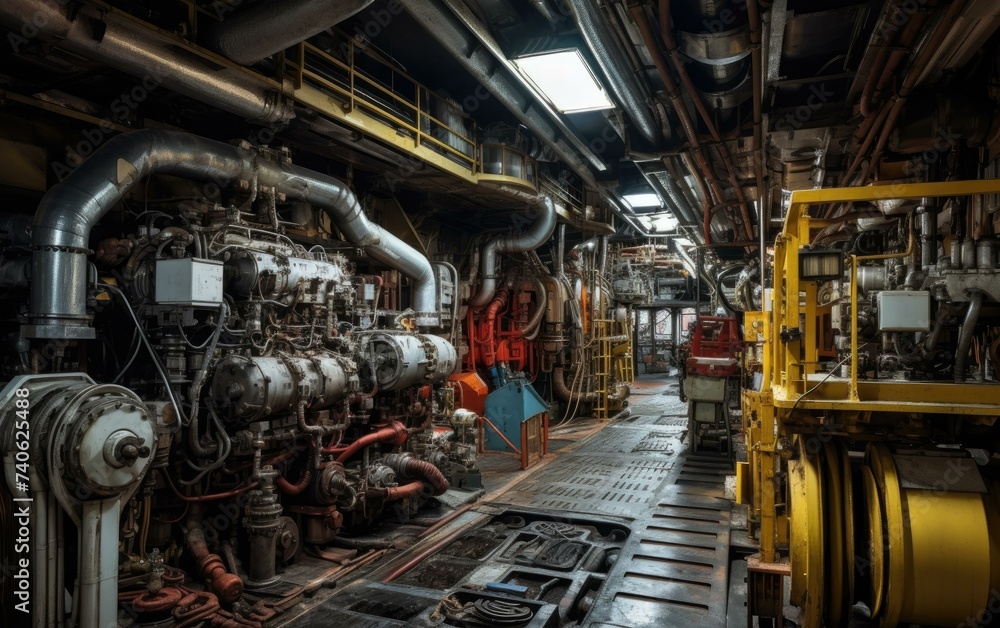 Fototapeta premium The inside of a ship engine room. Generative AI.
