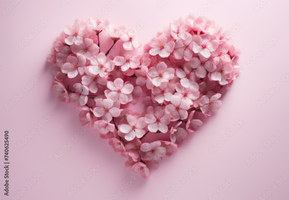 Heart made of pink flowers on a pink background. Generative AI. Heart made of pink flowers on a pink background. Generative AI.