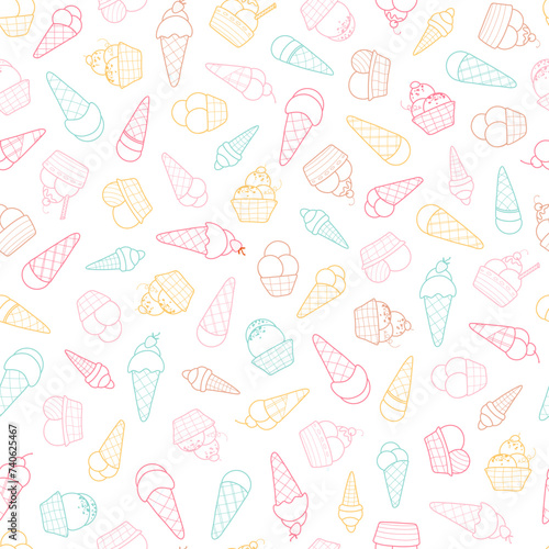 multicolor seamless vector pattern. soft serve ice cream in cone and cup. multicolor silhouettes in line hand drawn style