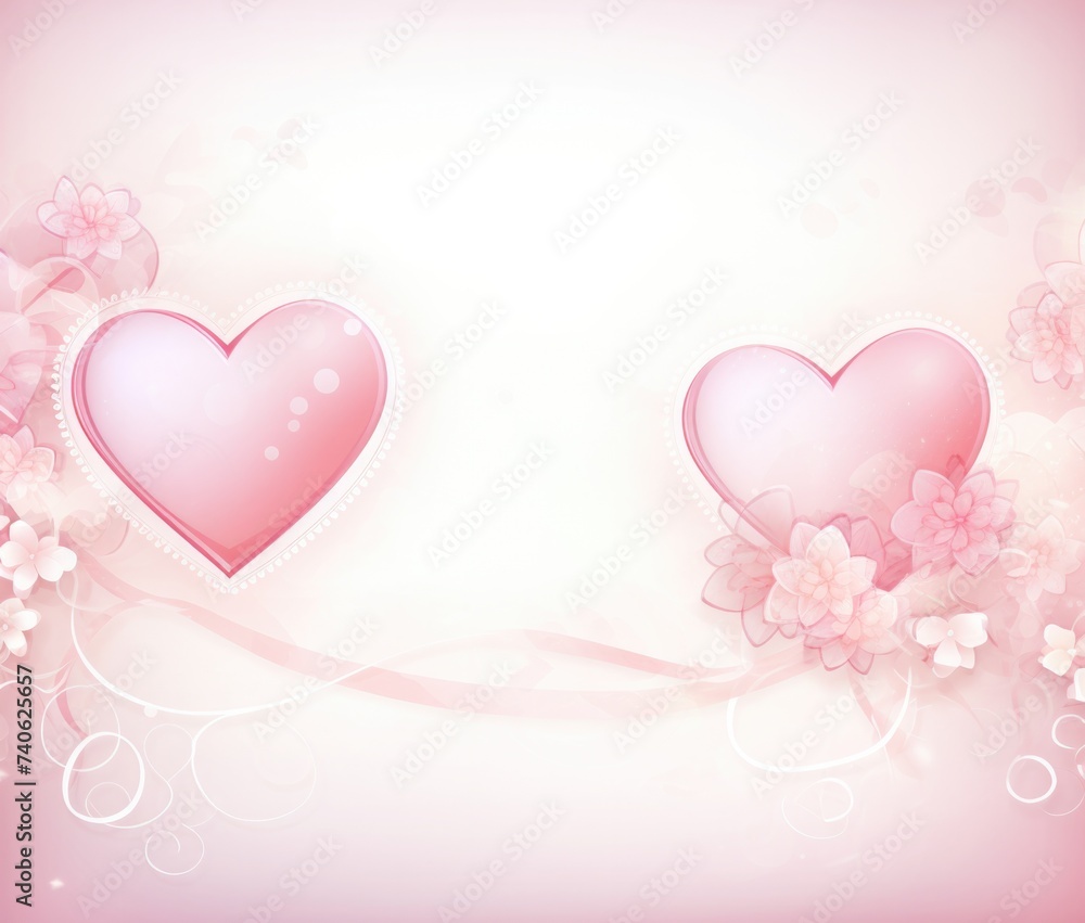 Two pink hearts with flowers on a pink background. Generative AI.