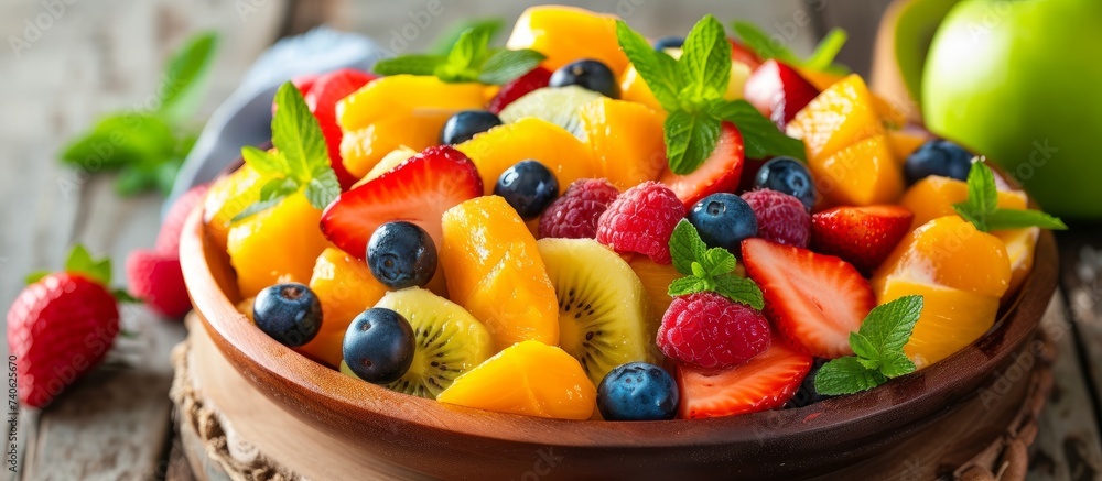 A colorful fruit salad made with a variety of natural foods like berries, citrus fruits, and hardy kiwi, served in a bowl on a rustic wooden table A colorful fruit salad made with a variety of natural foods like berries, citrus fruits, and hardy kiwi, served in a bowl on a rustic wooden table