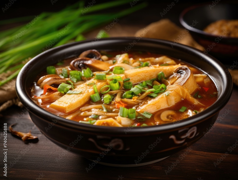 Chinese food with noodles and mushrooms in a bowl. Generative AI. Chinese food with noodles and mushrooms in a bowl. Generative AI.
