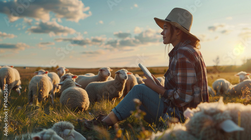 Woman farmer with tablet sitting in meadow farm, sheep around. Herd management. smart farming photo
