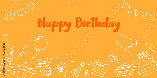 Happy Birthday vector banner. Vector  horizontal bday card on yellow background. Birthday text with cute doodle bday element decoration.