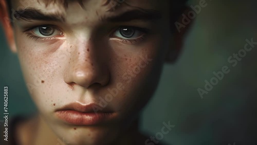 A teenage boy with a distant look in his eyes his expression betraying the pain and fear he carries from his traumatic past, Freckled Young Boy Smiling photo