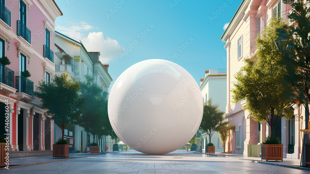 Giant white sphere is standing on the street - Format: 16:9