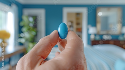Close up of a man s hand holding a blue pill against a blurred bedroom background