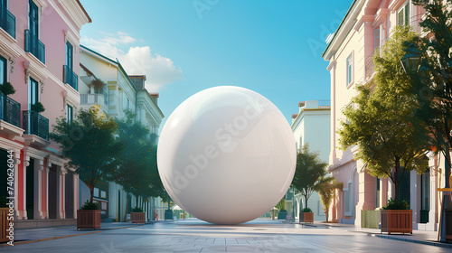 Obraz na płótnie Giant white sphere is standing on the street - Format: 16:9 w salonie
