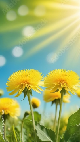 Yellow dandelions on a background of blue sky with sun rays