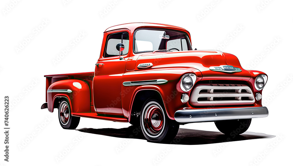 Red Chevrolet pickup truck on transparent white background
