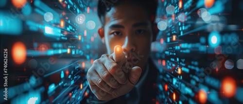 Intense young man concentrating on a colorful, futuristic virtual data interface, surrounded by digital information and graphics.