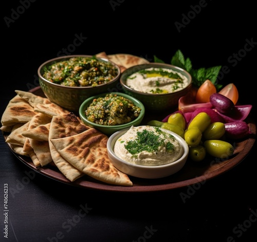 A plate with pita bread, hummus, olives and other foods. Generative AI.