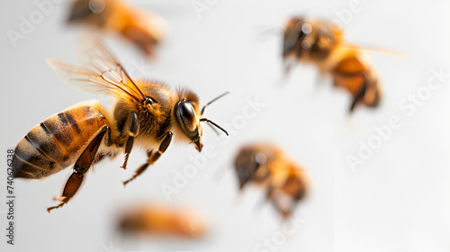 Bees in Flight Isolated on White Background, Close-Up View of Flying Honeybees. Nature Wildlife Photography, Beekeeping Concept, Generative AI