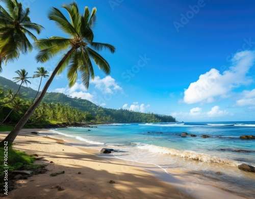 A tropical beach with palm trees and blue water. Generative AI. © serg3d