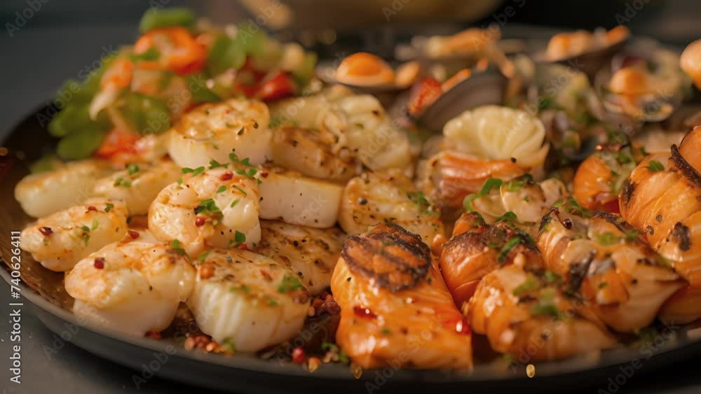 A platter piled high with a variety of firegrilled seafood succulent scallops tender calamari and ery salmon all kissed by the flames and bursting with bold flavors. A platter piled high with a variety of firegrilled seafood succulent scallops tender calamari and ery salmon all kissed by the flames and bursting with bold flavors.