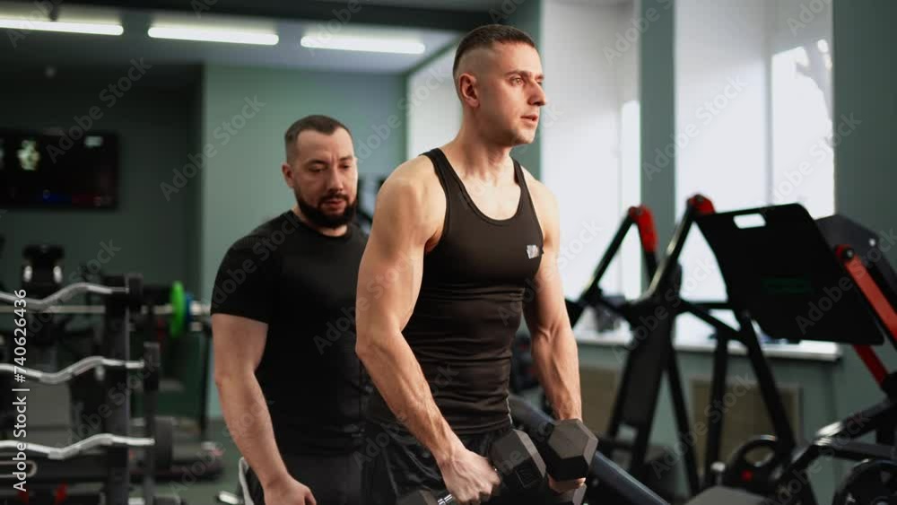 The coach monitors the correctness of the student's exercise with dumbbells in the gym. Bodybuilding classes on special equipment. The coach monitors the correctness of the student's exercise with dumbbells in the gym. Bodybuilding classes on special equipment.