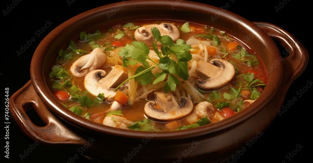 A bowl of soup with mushrooms, vegetables and herbs. Generative AI.