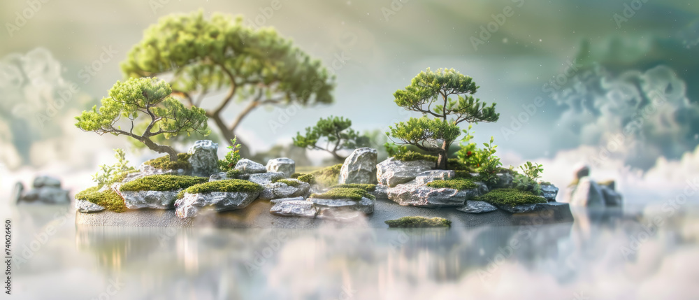 Ethereal Zen Garden Floating in the Sky, Ethereal Sky-High Zen Garden with Clouds Drifting Through Trees and Stones Ethereal Zen Garden Floating in the Sky, Ethereal Sky-High Zen Garden with Clouds Drifting Through Trees and Stones