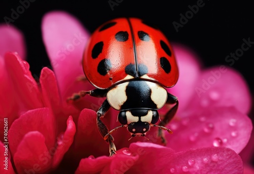 A ladybug is sitting on a pink flower. Generative AI. © serg3d