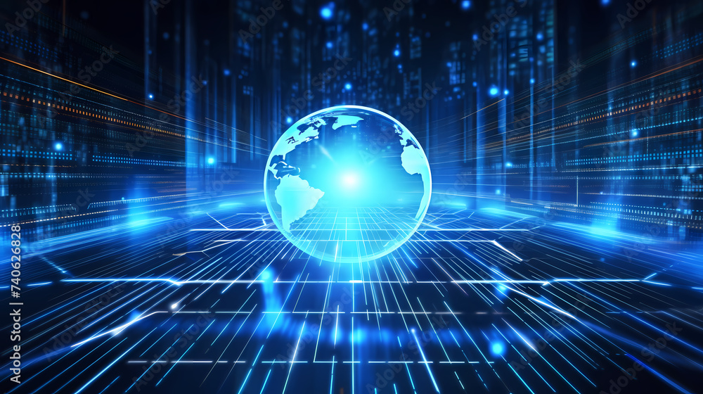 Fototapeta premium Artificial intelligence background, blockchain managed domain electronic devices network blue background