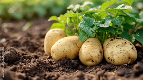 Close up of fresh organic potatoes in the potatoesyard. Agricultural and harvest concept.