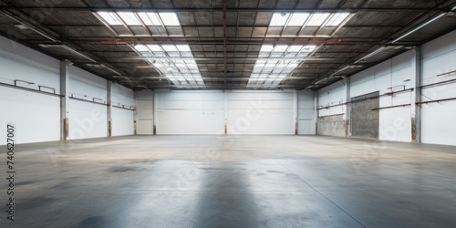 An empty warehouse with a large floor. Generative AI.