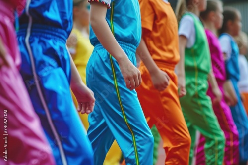 A row of children in colorful clothes performing a choreographed dance
