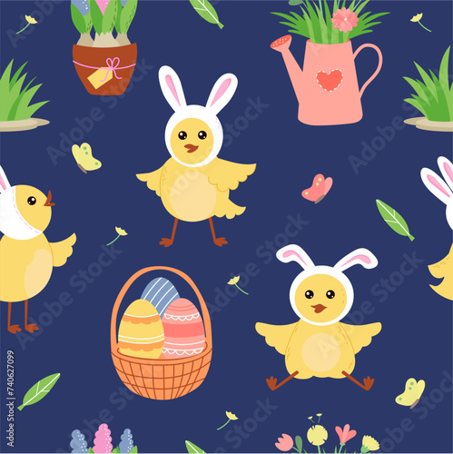 Easter beautiful seamless background. Cute cartoon chicks, easter basket with eggs and flowers on dark blue background. 
