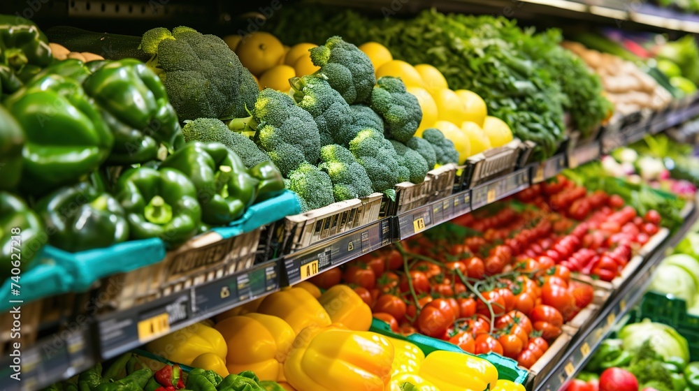 Supermarket shelf with seasonal fruits and vegetables