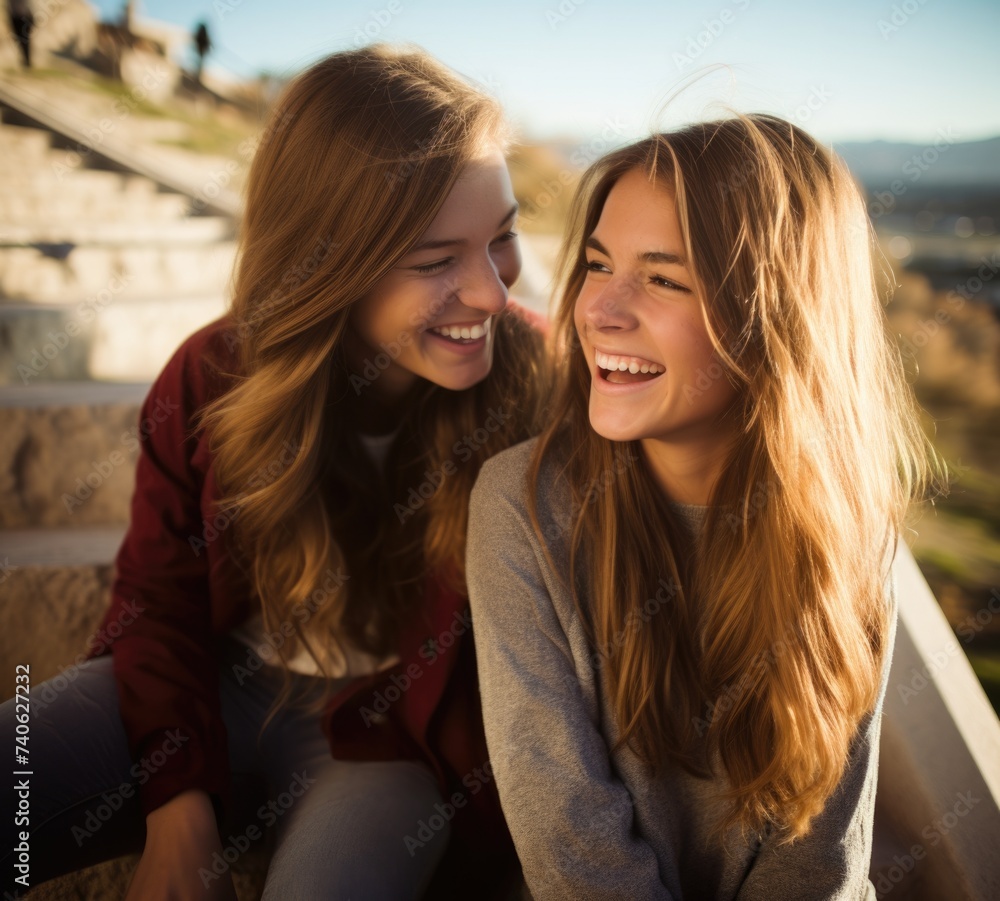 Two young women sitting on steps laughing. Generative AI. Two young women sitting on steps laughing. Generative AI.