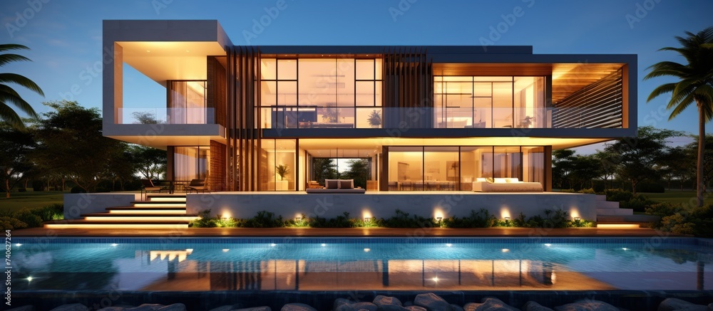 Evening view of a luxurious modern house. 3D Illustration