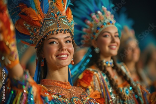 a group of women are dressed in colorful costumes and feathered hats