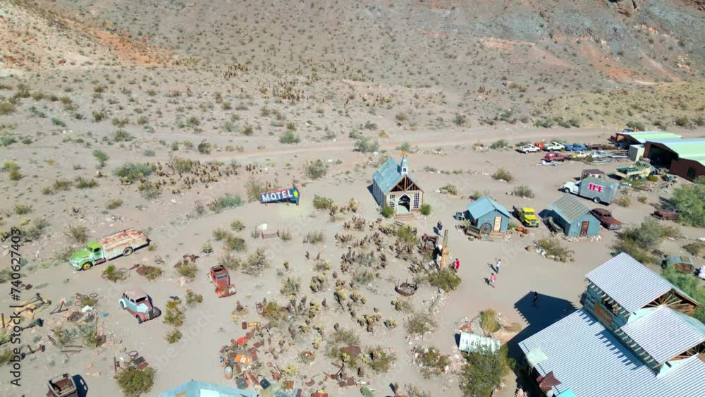 Aerial View Over Nelson Ghost Town With Tourists In Nevada, USA - Drone Shot Aerial View Over Nelson Ghost Town With Tourists In Nevada, USA - Drone Shot