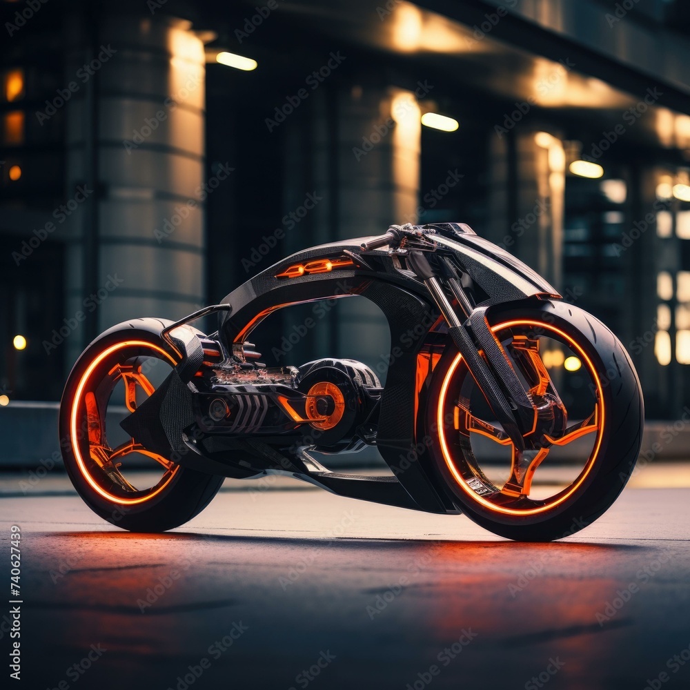 A futuristic motorcycle with orange lights on it. Generative AI.