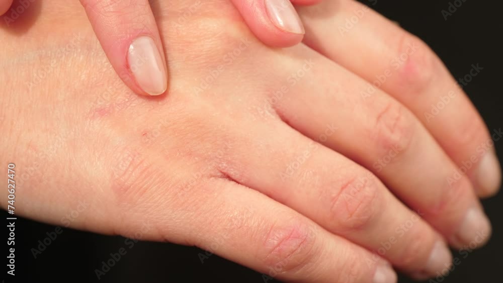 Close-up of the hands. Dry irritated skin. Itching and allergies. eczema, dermatitis, burns Close-up of the hands. Dry irritated skin. Itching and allergies. eczema, dermatitis, burns