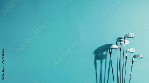 A set up new golf clubs on blue background with copy space