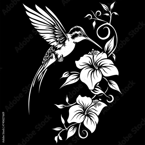 Hummingbird eating nectar from a flower, vector illustration.