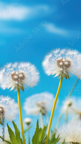 white dandelions on a background of the blue sky and clouds