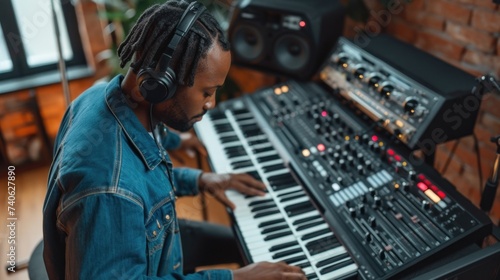 Musician in studio playing keyboard with headphones photo