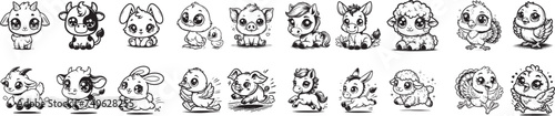 set of silhouettes cute baby animals, running cartoon characters, sweet cow, cute chicken, donkey, pig, sheep, goat, rabbit, duck, horse, turkey, farm animals vector graphics black and white