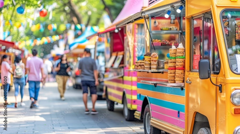 Fototapeta Colorful food truck at urban food festival with copy space, selective focus for text placement