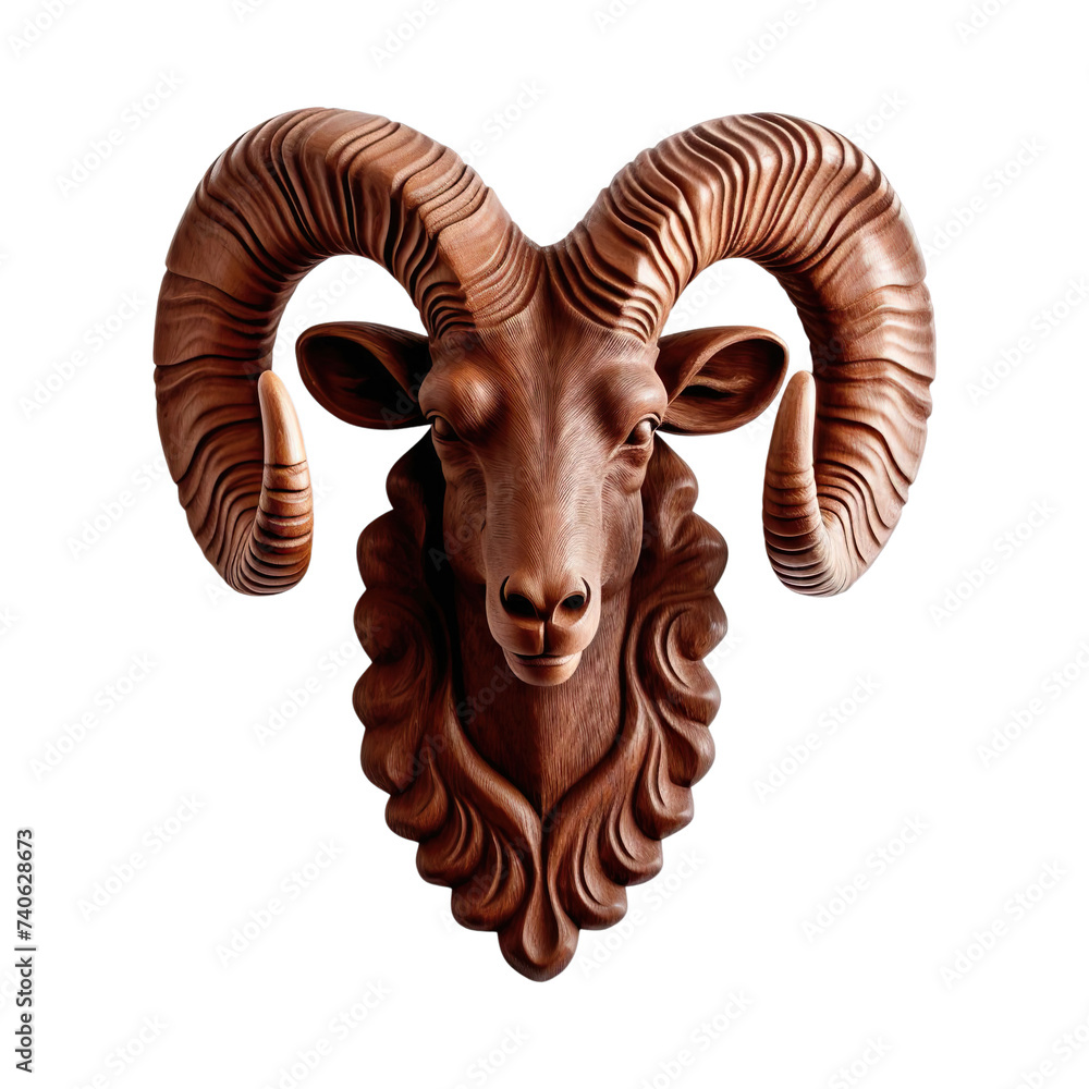 Mahogany wooden ram head trophy, wall hanging Isolated on transparent background.