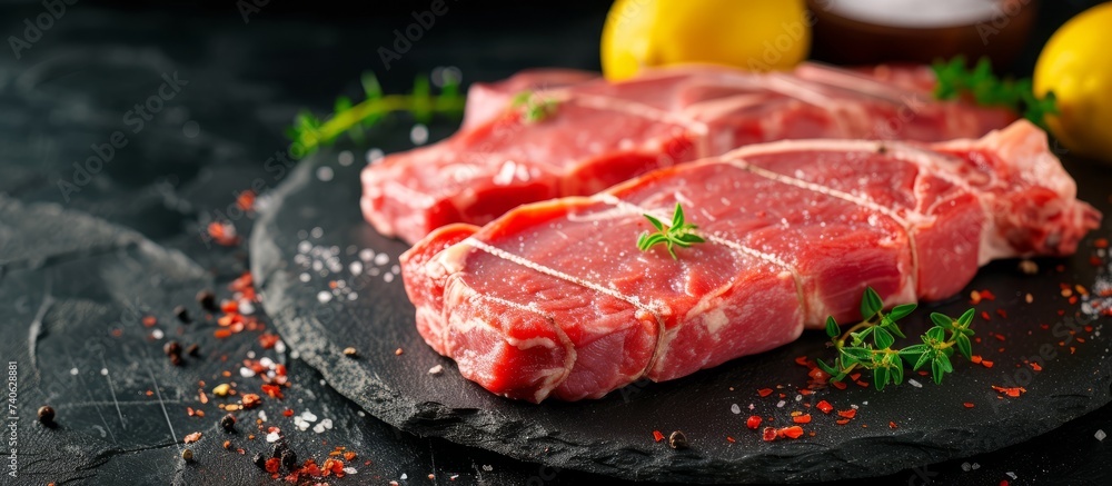 Succulent grilled meat served on a stylish black slate platter Succulent grilled meat served on a stylish black slate platter