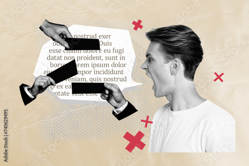 Canvas Print Side profile photo collage of young guy screaming speech bubble cloud info that