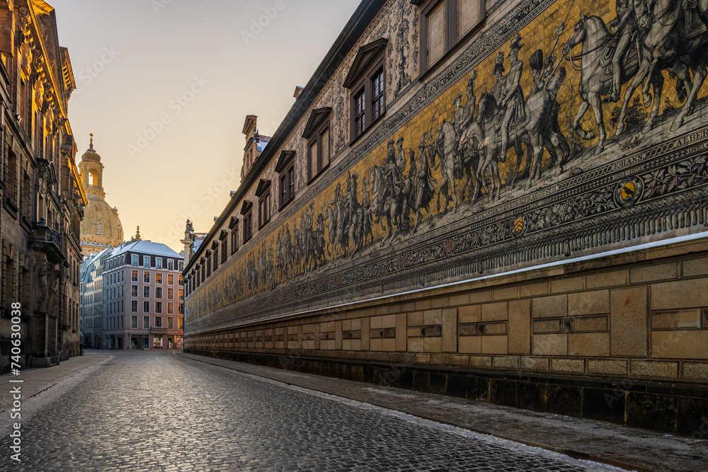 The Furstenzug (English: Procession of Princes) early in the morning in Dresden, Germany, is a large mural of a mounted procession of the rulers of Saxony.