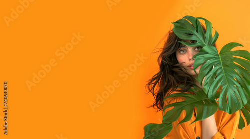 Portrait of woman behind leaves of green monstera deliciosa plant isolated on orange background Concept of make-up, cosmetics, skin care, beauty, anti aging. Copy space for text, message, advertising