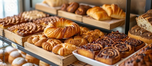 A variety of baked goods, including banitsa, are showcased on a shelf in the bakery photo